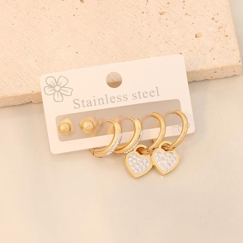 Boucle d'oreille en acier inoxydable Hoop, Acier inoxydable 304, Placage, trois pièces & styles différents pour le choix & pour femme & avec strass, doré, Vendu par fixé