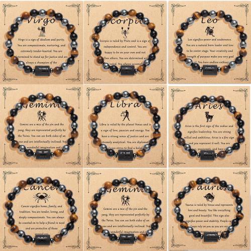 Abrazine Stone bracelet, avec fil élastique & Hématite, 12 Signes du Zodiaque, fait à la main, unisexe & styles différents pour le choix, Diamètre inté Environ 60mm, Vendu par PC