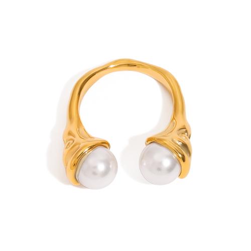 Anillos de Acero Inoxidable, acero inoxidable 304, con Shell Pearl, 18K chapado en oro, Joyería & para mujer, Vendido por UD