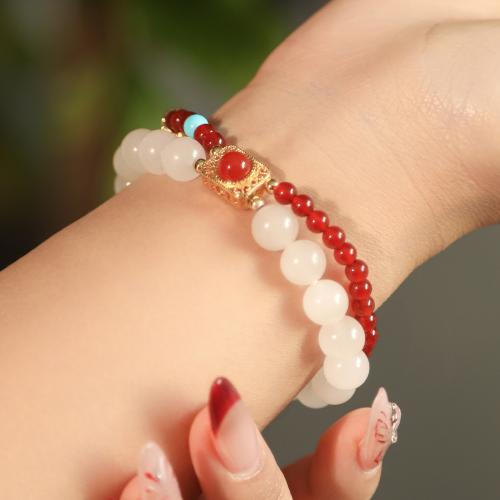 agate rouge bracelet, avec Jade glacé & laiton, fait à la main, Double couche & naturel & pour femme, beads length 4mm,8mm Environ 6 pouce, Vendu par PC