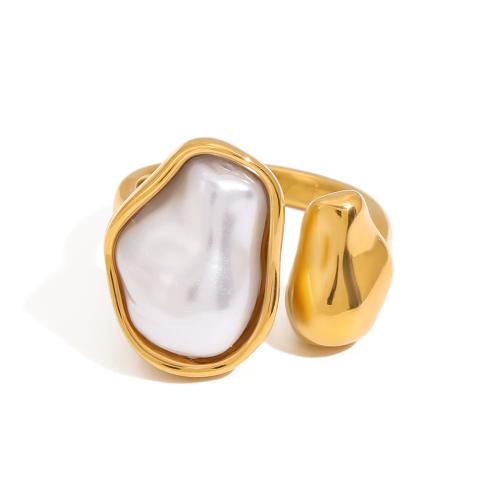 Anillos de Acero Inoxidable, acero inoxidable 304, con Perlas plásticas, chapado, Joyería & para mujer, dorado, Vendido por UD