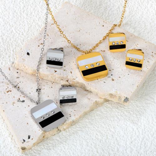 Bijoux strass en acier inoxydable Set, Acier inoxydable 304, Boucle d’oreille stud & collier, avec coquille, Placage ionique sous vide, DIY & avec strass, plus de couleurs à choisir, Vendu par PC