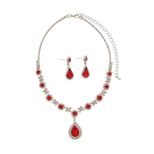 Strass Zink Legierung Schmuck Set, Zinklegierung, Stud Ohrring & Halskette, plattiert, 2 Stück & für Frau & mit Strass, keine, Necklace: Circumference 32.1cm, tail chain :11.8cm; Earrings :3.2x1.1cm., verkauft von setzen