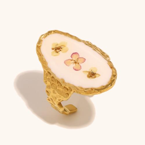Esmalte de acero inoxidable anillo de dedo, acero inoxidable 304, con Flores secas, chapado en color dorado, para mujer, más colores para la opción, Vendido por UD