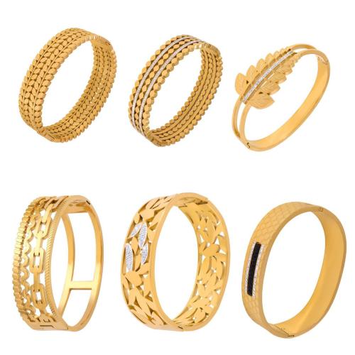 Titanium Steel Bangle, plated & for woman & with rhinestone & hollow, golden 