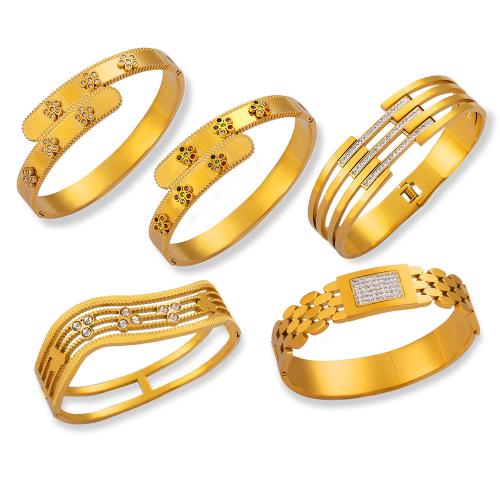 Titanium Steel Bangle, gold color plated & for woman & with rhinestone & hollow 