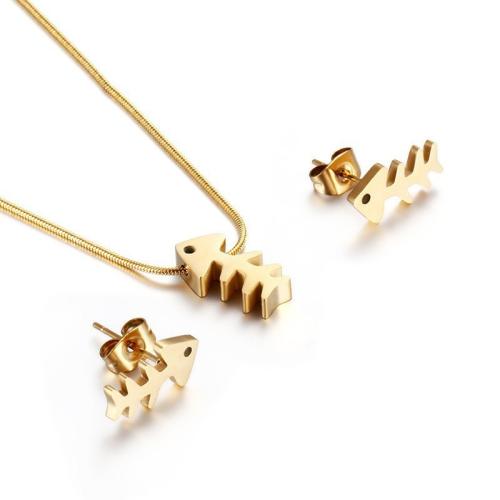 Conjuntos de joyería de acero inoxidable, acero inoxidable 304, Pendiente de stud & collar, Espina de pescado, Recubrimiento iónico al vacío, para mujer, más colores para la opción, Vendido por Set
