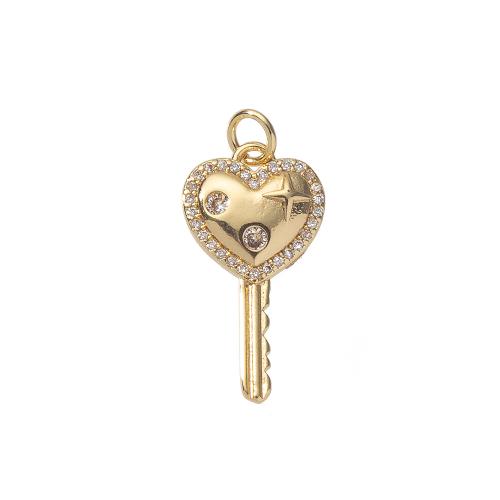 Cubic Zirconia Micro Pave Brass Pendant, Key, gold color plated, DIY & micro pave cubic zirconia 