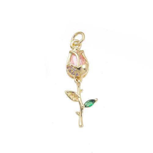 Cubic Zirconia Micro Pave Brass Pendant, Flower, gold color plated, DIY & micro pave cubic zirconia 