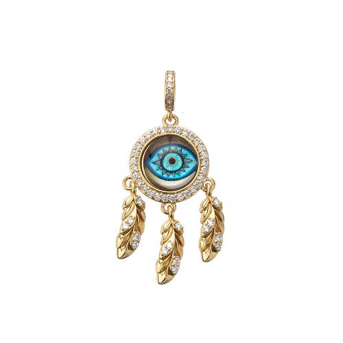 Cubic Zirconia Micro Pave Brass Pendant, Round, gold color plated, DIY & evil eye pattern & micro pave cubic zirconia 