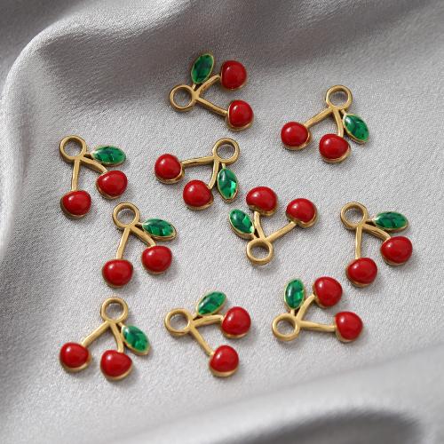 Enamel Stainless Steel Pendant, 304 Stainless Steel, Cherry, gold color plated, DIY, golden 