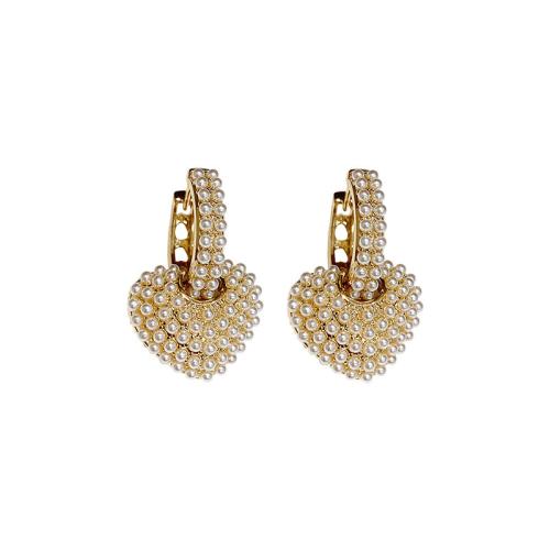 Boucle d'oreille en alliage de zinc en plastique perle, avec perle de plastique, coeur, Placage, bijoux de mode & pour femme, doré, Vendu par paire