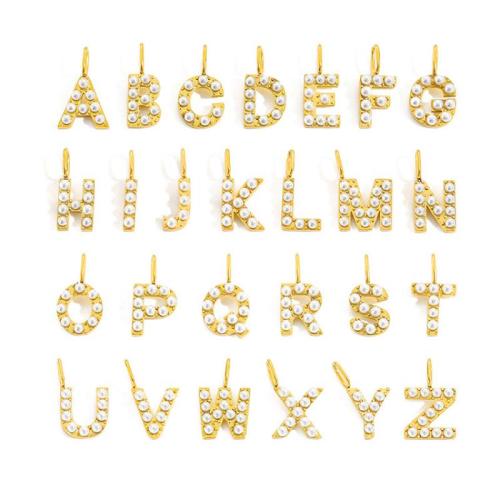 Stainless Steel Letter Pendant, 304 Stainless Steel, with Plastic Pearl, Alphabet Letter, gold color plated, DIY 10mm 
