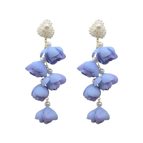 Boucle d'oreille en alliage de zinc en plastique perle, avec Gaze & perle de plastique, fleur, bijoux de mode & pour femme, bleu Vendu par paire