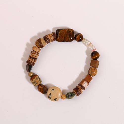 Bracelets en pierres précieuses, oeil de tigre, avec noix de coco & jaspe de photo & pierre de grain, bijoux de mode & unisexe, couleurs mélangées Environ 18 cm, Vendu par PC