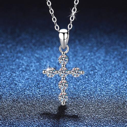 Argent sterling 925 collier, avec Moissanite, avec 2inch chaînes de rallonge, croix, Plaqué de platine, Chaîne transversale & pour femme Environ 15.7 pouce, Vendu par PC