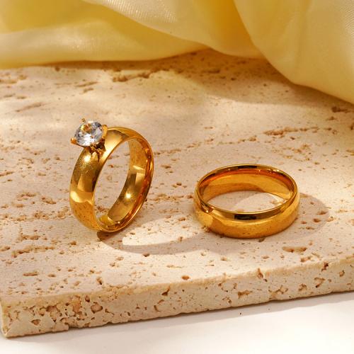 Titanium Steel Finger Ring, gold color plated & micro pave cubic zirconia & for couple 