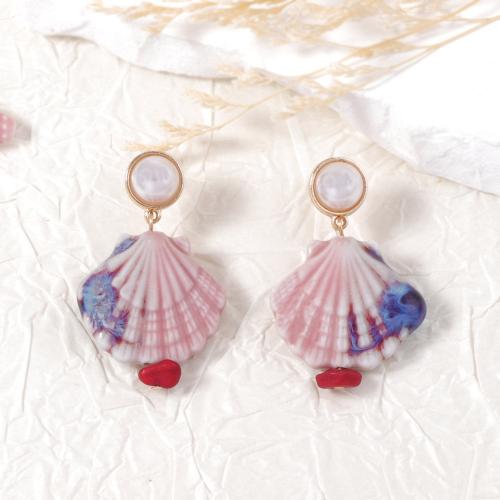 Boucle d'oreille de bijoux en porcelaine, alliage de zinc, avec porcelaine & perle de plastique, Placage de couleur d'or, bijoux de mode, couleurs mélangées, Vendu par paire