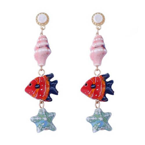 Boucle d'oreille de bijoux en porcelaine, alliage de zinc, avec porcelaine, Placage de couleur d'or, bijoux de mode, couleurs mélangées, Vendu par paire