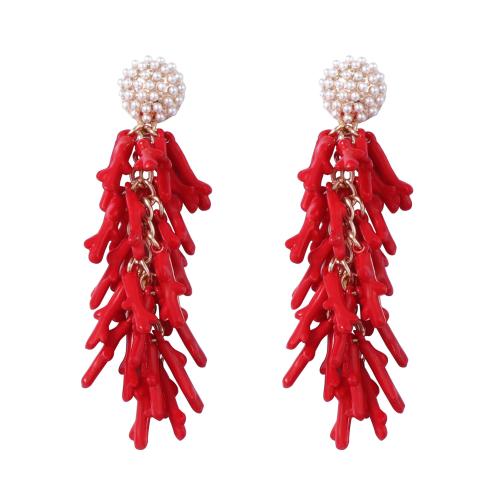 Boucle d'oreille en alliage de zinc en plastique perle, avec perle de plastique, Placage de couleur d'or, bijoux de mode & émail, rouge, Vendu par paire