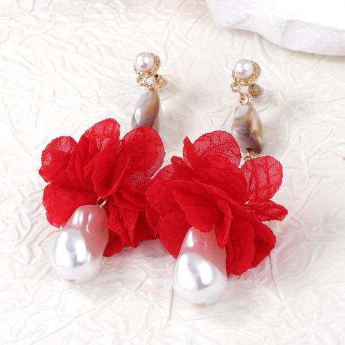 Boucle d'oreille en alliage de zinc en plastique perle, avec tissu & perle de plastique, Placage de couleur d'or, bijoux de mode, rouge, Vendu par paire