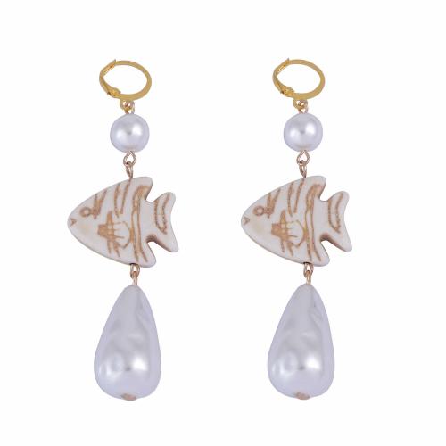 Boucle d'oreille en alliage de zinc en plastique perle, avec plastique & perle de plastique, Placage de couleur d'or, bijoux de mode, couleurs mélangées, Vendu par paire