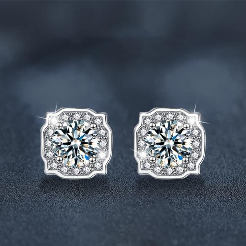 925 пробы Сережка-гвоздик, с Муассанит, Геометрический узор, покрытый платиной, ювелирные изделия моды & Женский, 8.32mm, продается Пара[