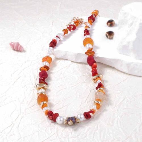 collier en alliage zinc et à résine, alliage de zinc, avec résine & perle de plastique, Placage de couleur d'or, bijoux de mode, couleurs mélangées, Vendu par PC