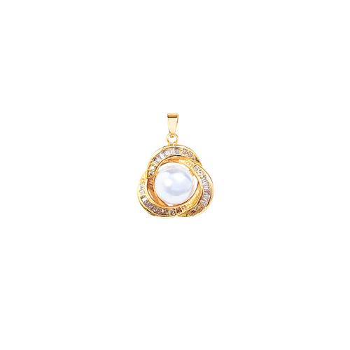 Cubic Zirconia Micro Pave Brass Pendant, with Plastic Pearl, real gold plated, DIY & micro pave cubic zirconia & hollow 