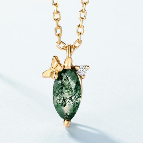 Agate Sterling Silver Pendants, 925 Sterling Silver, with Moss Agate, gold color plated, for woman & with rhinestone [