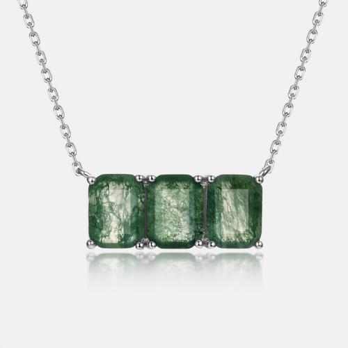 Argent sterling 925 collier, avec agate mousse, avec 2inch chaînes de rallonge, Motif géométrique, Plaqué de platine, Chaîne transversale & pour femme Environ 15.7 pouce, Vendu par PC