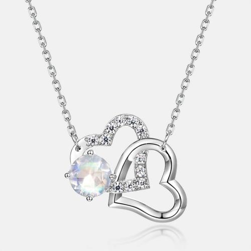 Argent sterling 925 collier, avec Moonstone, avec 2inch chaînes de rallonge, coeur, Plaqué de platine, Chaîne transversale & pour femme & avec strass Environ 15.7 pouce, Vendu par PC