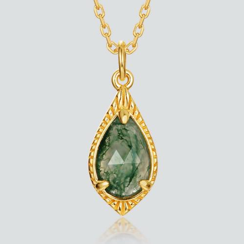 Collier de bijoux en argent , Argent sterling 925, avec agate mousse, larme, Placage de couleur d'or, styles différents pour le choix & pour femme, 14.3mm, Vendu par PC