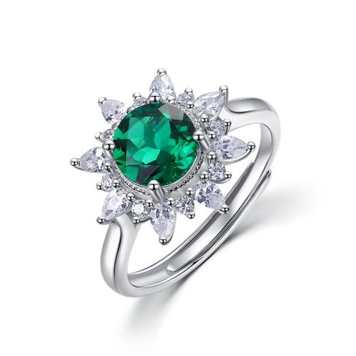 925 Sterling Silver Cuff Finger Ring, Flower, platinum plated & micro pave cubic zirconia & for woman, US Ring 