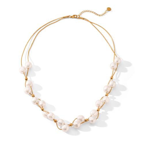 Collar de Acero Inoxidable, acero inoxidable 304, con Perlas plásticas, chapado, Doble capa & Joyería & para mujer, dorado, Vendido por UD