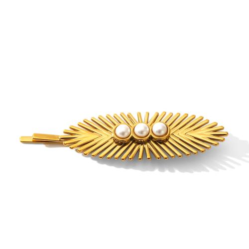 Barrette, Acier inoxydable 304, avec Shell Pearl, feuille, bijoux de mode & pour femme, doré, Vendu par PC