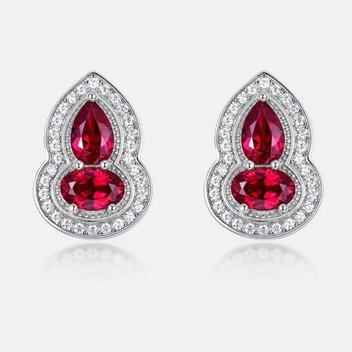 925 Sterling Silver Stud Earring, with Synthetic Gemstone, Calabash, platinum plated, micro pave cubic zirconia & for woman 