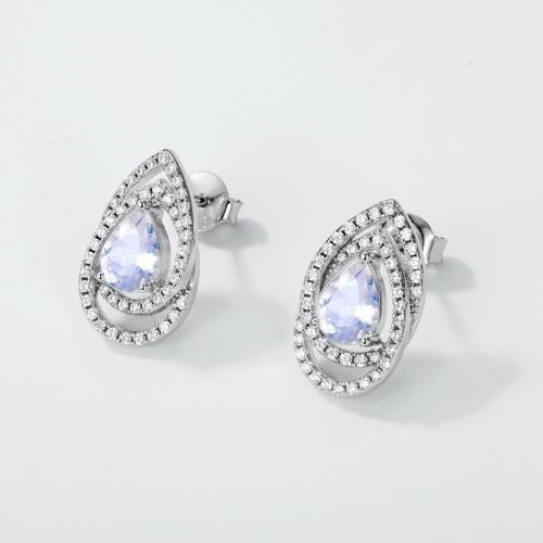 925 пробы Сережка-гвоздик, с Голубой лунный камень, Каплевидная форма, покрытый платиной, Женский & со стразами, 16.4mm, продается Пара[