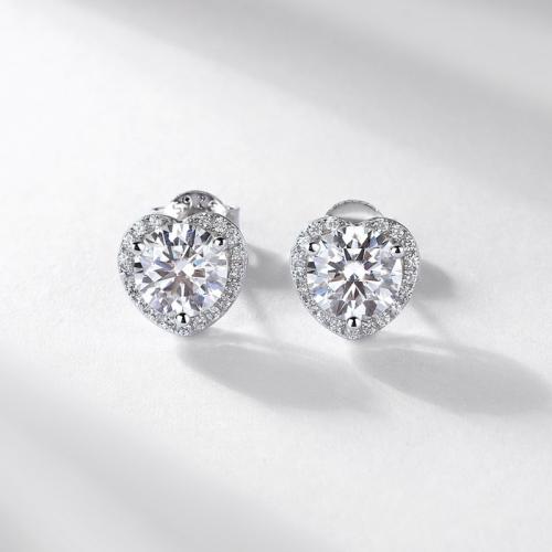 Argent sterling 925 boucle d oreille dormeuse, avec Moissanite, coeur, Plaqué de platine, pour femme & avec strass, 8.5mm, Vendu par paire[