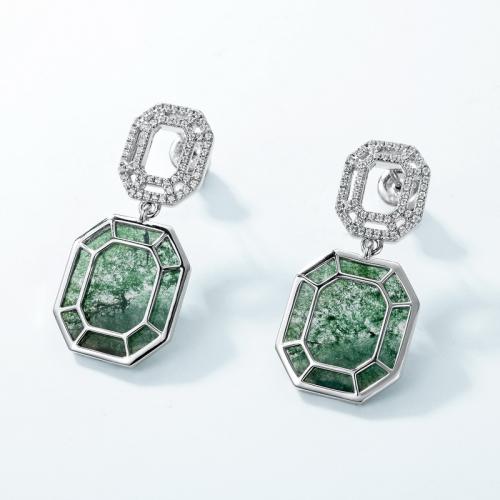 Argent sterling 925 Boucle d'oreille goutte, avec agate mousse, Motif géométrique, Plaqué de platine, pour femme & avec strass & creux Vendu par paire