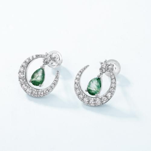 Argent sterling 925 Boucle d'oreille goutte, avec agate mousse, lune, Plaqué de platine, pour femme & avec strass Vendu par paire