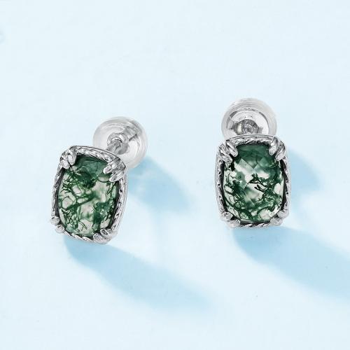 Argent sterling 925 boucle d oreille dormeuse, avec agate mousse, Motif géométrique, Plaqué de platine, bijoux de mode & pour femme Vendu par paire