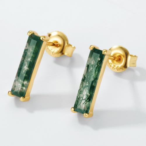 Argent sterling 925 boucle d oreille dormeuse, avec agate mousse, rectangle, Placage de couleur d'or, bijoux de mode & pour femme Vendu par paire