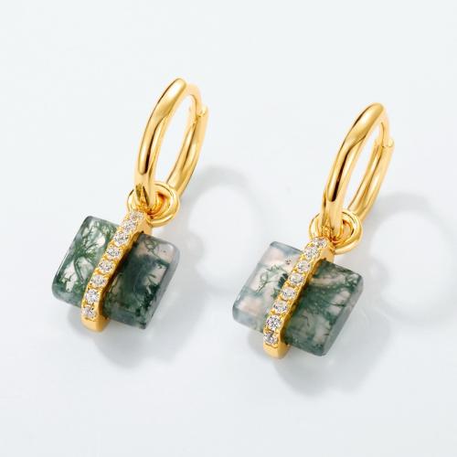 Argent sterling 925 Boucles d'oreilles pendantes Hoop Huggie, avec agate mousse, Motif géométrique, Placage de couleur d'or, pour femme & avec strass Vendu par paire