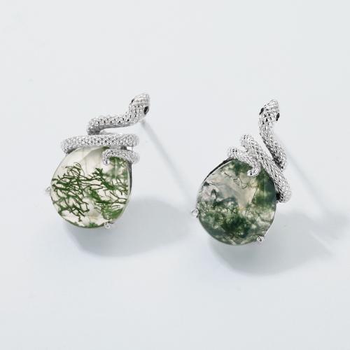 Argent sterling 925 boucle d oreille dormeuse, avec agate mousse, serpent, Plaqué de platine, bijoux de mode & pour femme Vendu par paire[