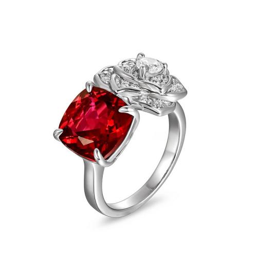 925 Sterling Silver Finger Ring, with Synthetic Gemstone, Rose, platinum plated & micro pave cubic zirconia & for woman, US Ring 