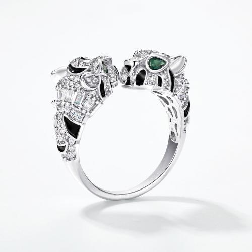 925 Sterling Silver Cuff Finger Ring, Leopard, platinum plated, micro pave cubic zirconia & for woman, US Ring 