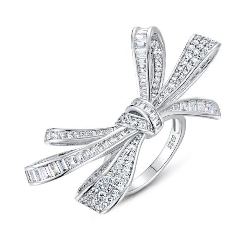 925 Sterling Silver Finger Ring, Bowknot, platinum plated & micro pave cubic zirconia & for woman, US Ring 