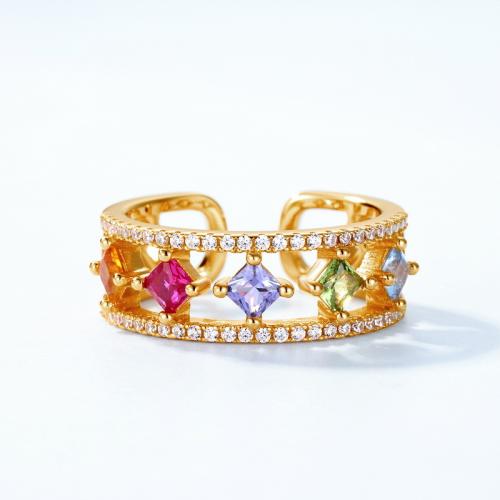 925 Sterling Silver Cuff Finger Ring, Geometrical Pattern, gold color plated, micro pave cubic zirconia & for woman & hollow, US Ring 