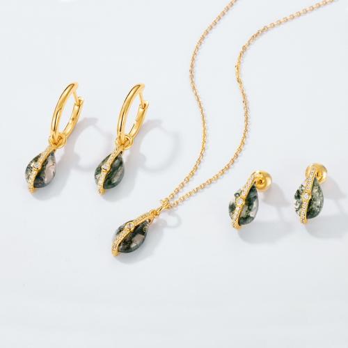 925 Sterling Silver Jewelry Set, with Moss Agate, Teardrop, gold color plated & for woman & with rhinestone 